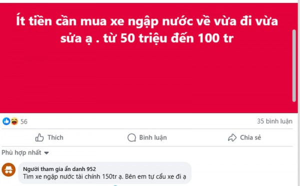Ô tô ngập nước rao bán giá “rẻ bèo”, chỉ ngang một chiếc xe máy