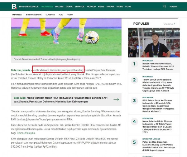 Báo Indonesia dẫn nguồn Thanh Niên đưa tin về phán quyết kháng cáo của FIFA đối với FAM