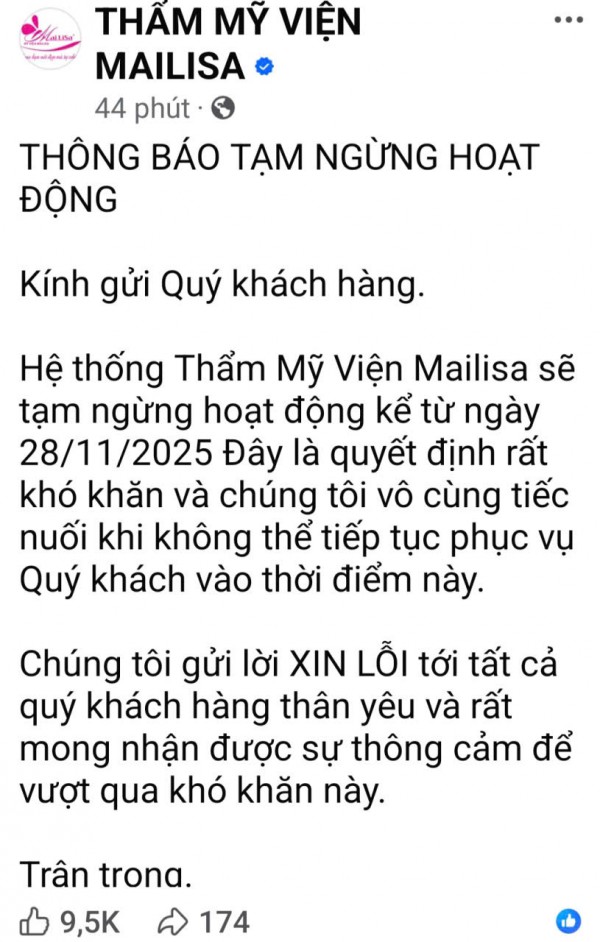 Vì sao hệ thống thẩm mỹ viện Mailisa thông báo tạm ngừng hoạt động?
