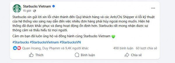 Starbucks Việt Nam xin lỗi shipper vì sự cố đơn hàng giá 0 đồng Starbucks Việt Nam xin lỗi shipper vì sự cố đơn hàng giá 0 đồng