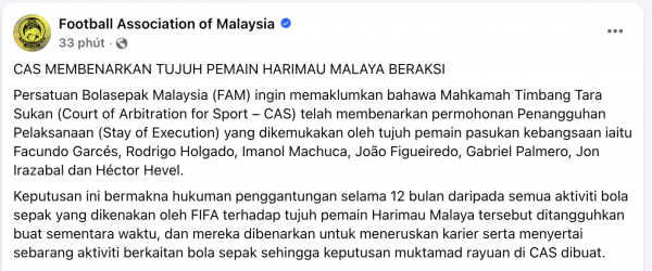 Nóng: 7 cầu thủ Malaysia nhập tịch ‘lậu’ được thi đấu trở lại, động thái gây sốc của CAS