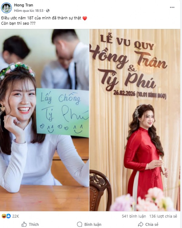 Cô gái Vĩnh Long lấy chồng ‘Tỷ Phú’ đúng với ước nguyện năm 18 tuổi Cô gái Vĩnh Long lấy chồng ‘Tỷ Phú’ đúng với ước nguyện năm 18 tuổi