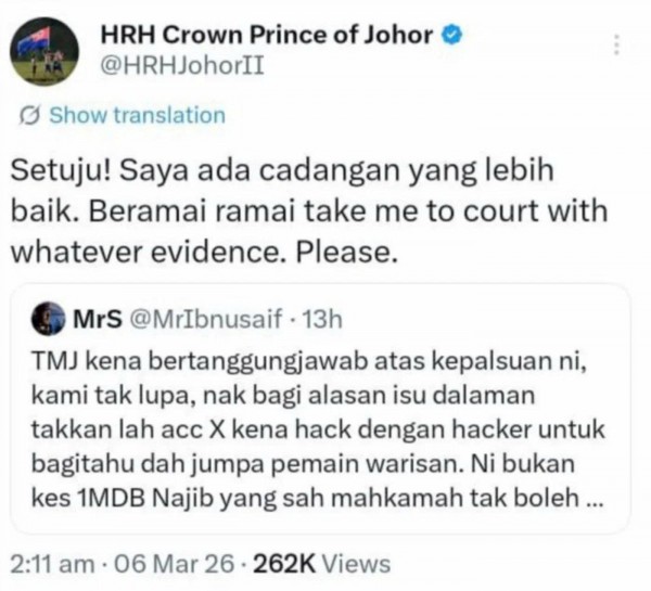 Bóng đá Malaysia thua FIFA vụ nhập tịch lậu, Hoàng thân Johor lên tiếng: 'Hãy kiện tôi ra tòa nếu…'