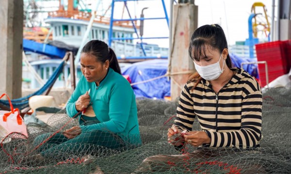 Nhịp sống ở cảng cá Trần Đề: Người bốc xếp, vá lưới tất bật theo mùa cá