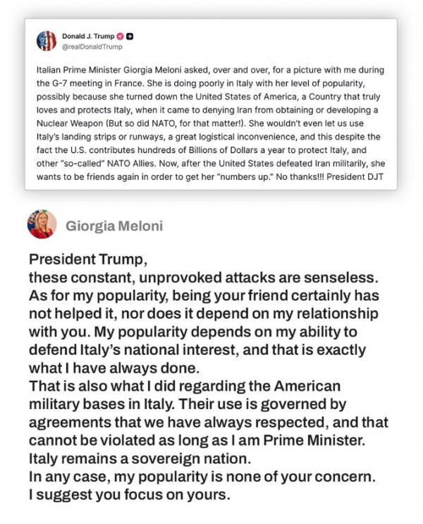 Tổng thống Trump và Thủ tướng Ý Meloni leo thang tranh cãi